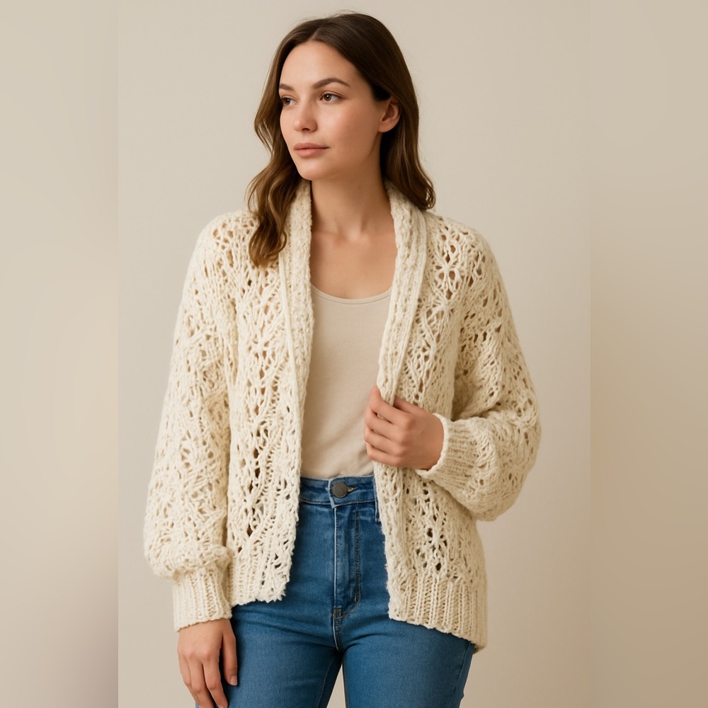 POL Women's Small Beige Hooded Crochet Knit Pullover Sweater - Picture 1 of 5